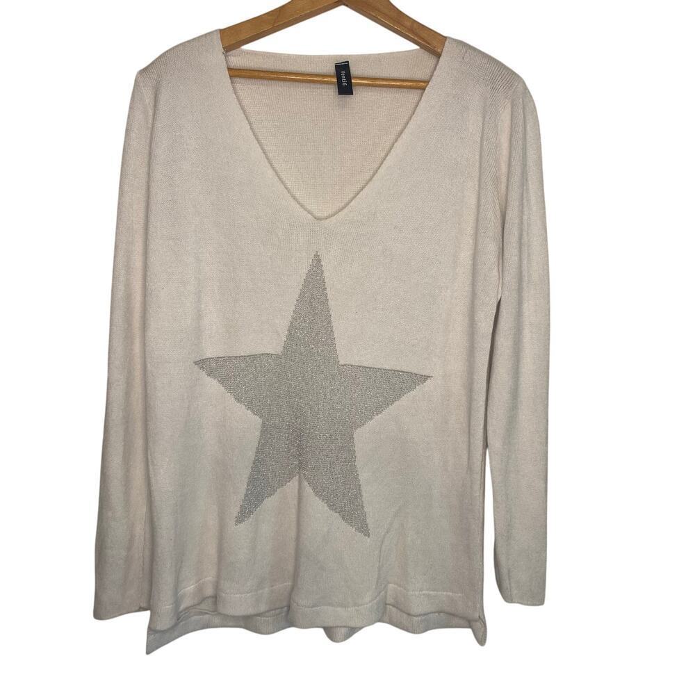 Venti 6 Made in Italy Modal White Star Sweater V Neck Soft Casual Size Medium
